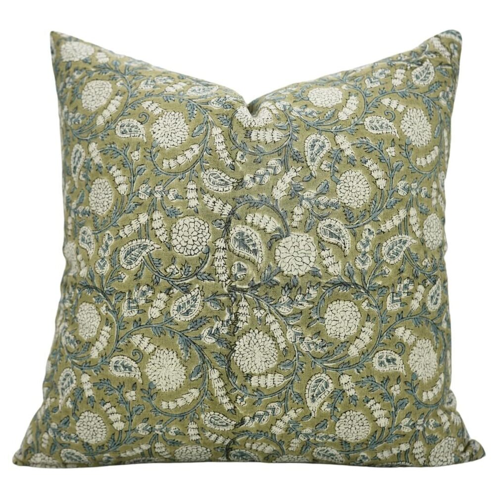 4391 Handmade Block Print Cotton Linen 20"X20" Throw Pillowcase Cushion